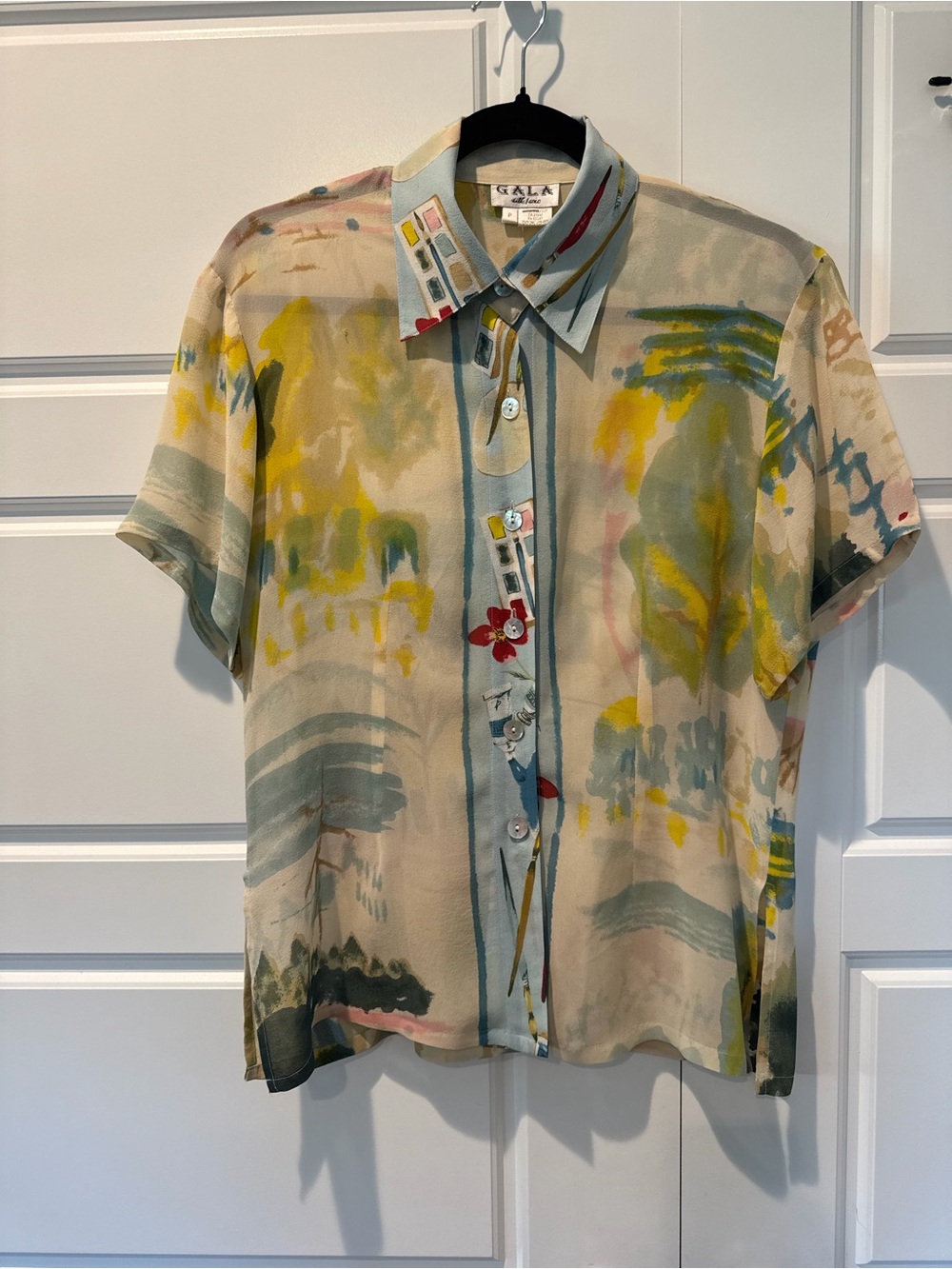 Vintage GALA Silk Artsy Watercolor Button Up Blouse Paint Artist Womens Size S